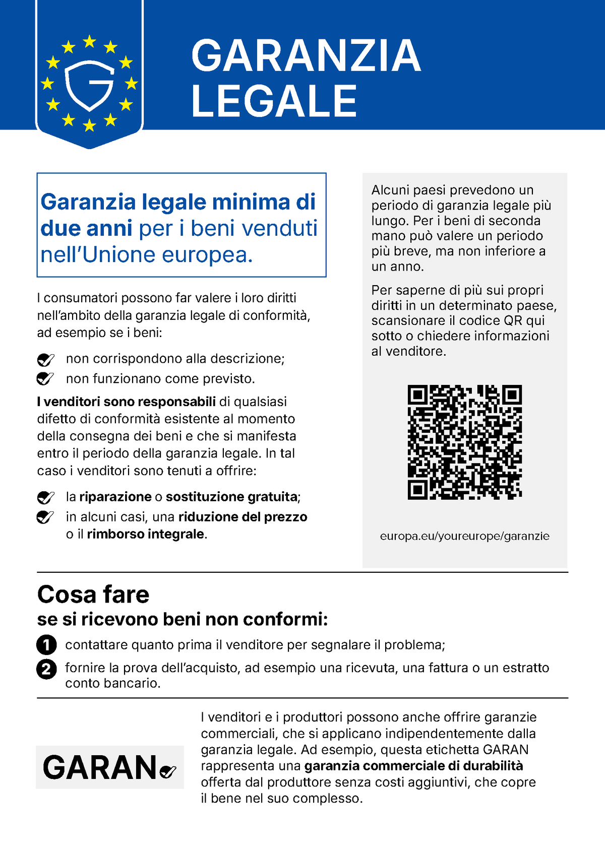 Avviso UE sulla garanzia legale di conformità